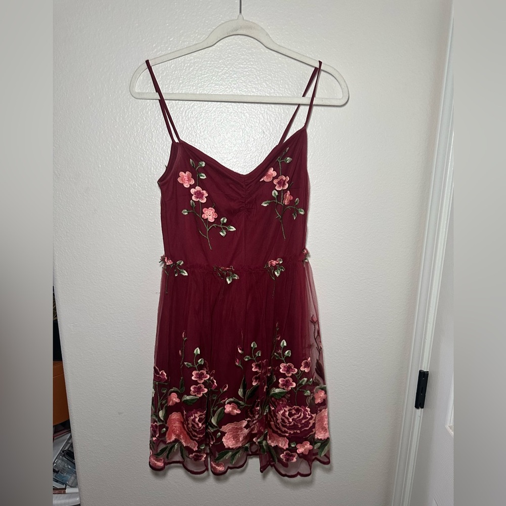 Honey & Rosie Burgundy Mesh Pink Floral Embroidery Ballerina Mini Dress
